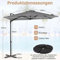 Sonnenschirm 290 cm Ampelschirm mit Ständer & Doppeldach 360° Drehbarer Balkonschirm Grau/Beige