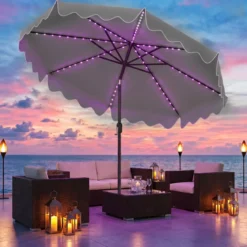 Sonnenschirm 270 cm mit Led-Solar-Beleuchtung Windfester Marktschirm mit 8 Rippen Grau/Beige