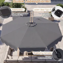 Sonnenschirm 270 cm mit Led-Solar-Beleuchtung Windfester Marktschirm mit 8 Rippen Grau/Beige