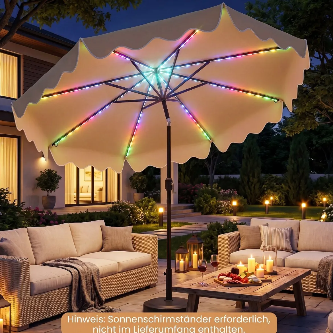 Sonnenschirm 270 cm mit Led-Solar-Beleuchtung Windfester Marktschirm mit 8 Rippen Grau/Beige
