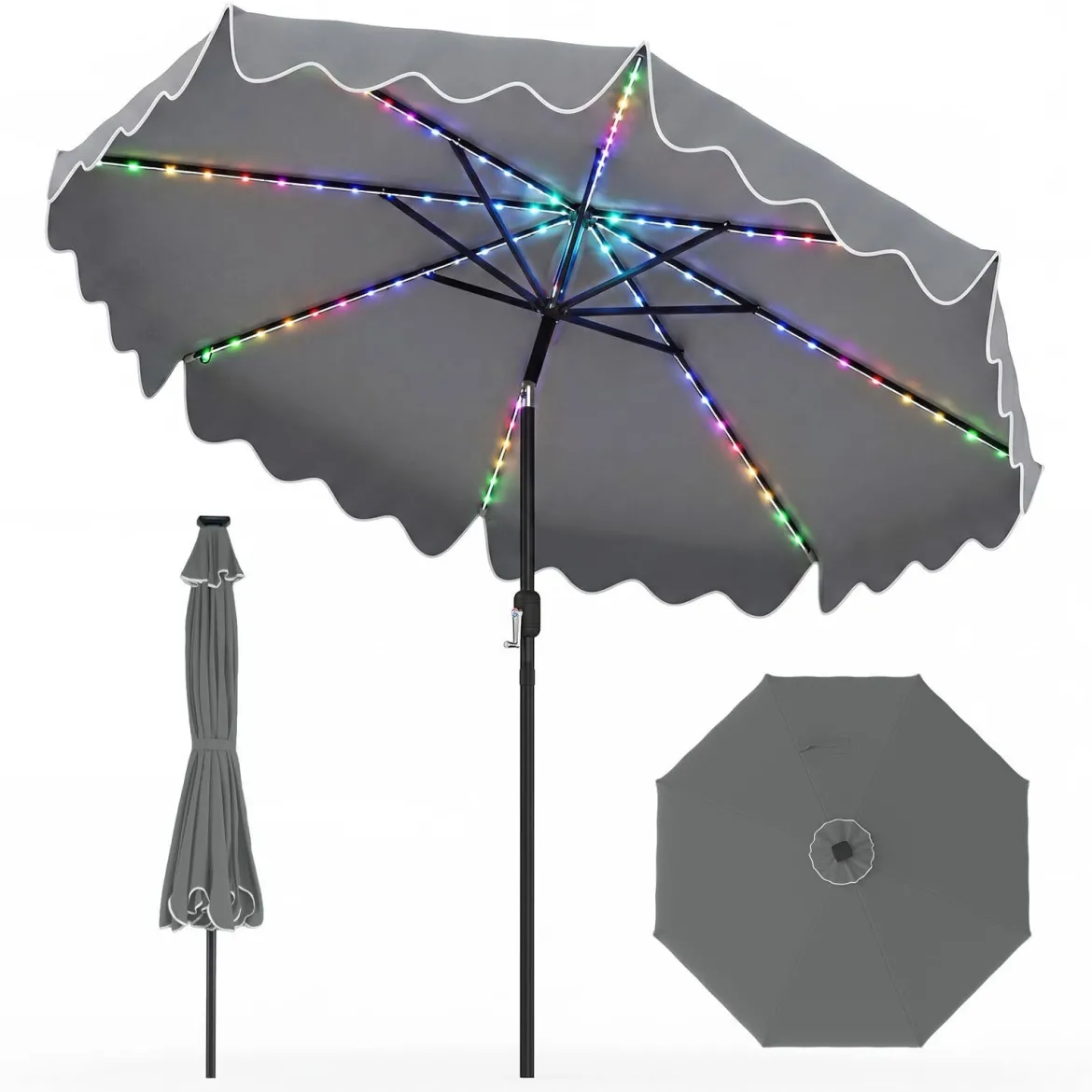 Sonnenschirm 270 cm mit Led-Solar-Beleuchtung Windfester Marktschirm mit 8 Rippen Grau/Beige