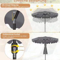 Sonnenschirm 270 cm mit Led-Solar-Beleuchtung Windfester Marktschirm mit 8 Rippen Grau/Beige