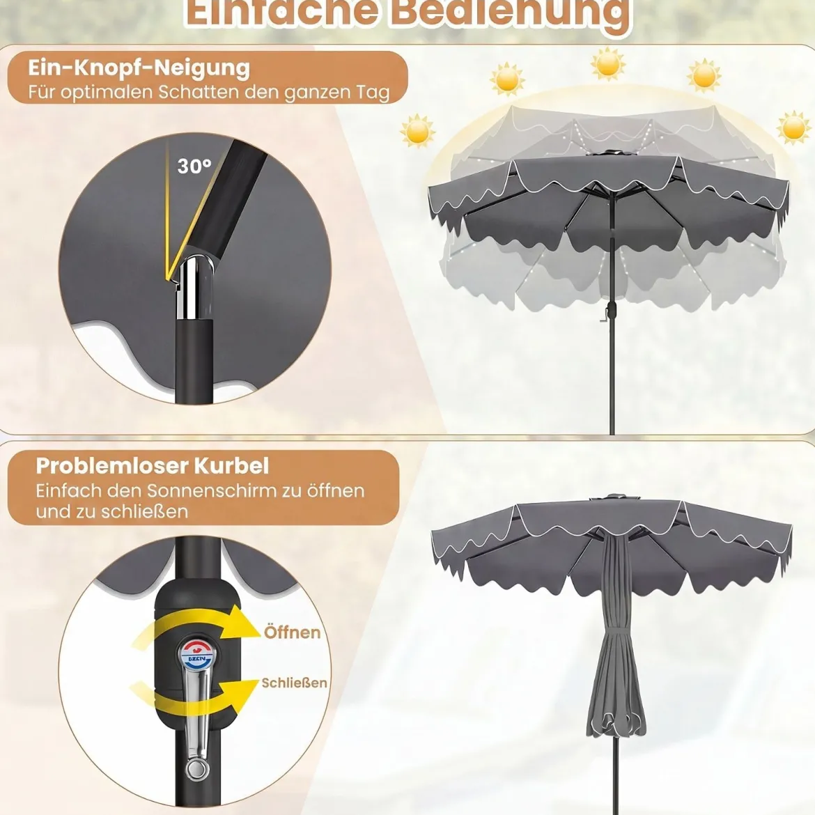Sonnenschirm 270 cm mit Led-Solar-Beleuchtung Windfester Marktschirm mit 8 Rippen Grau/Beige