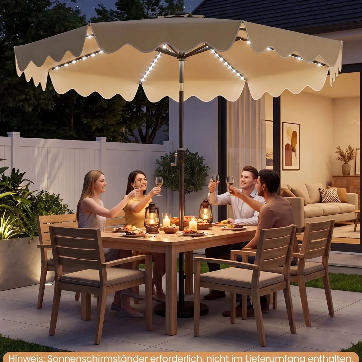 Sonnenschirm 270 cm mit Led-Solar-Beleuchtung Windfester Marktschirm mit 8 Rippen Grau/Beige