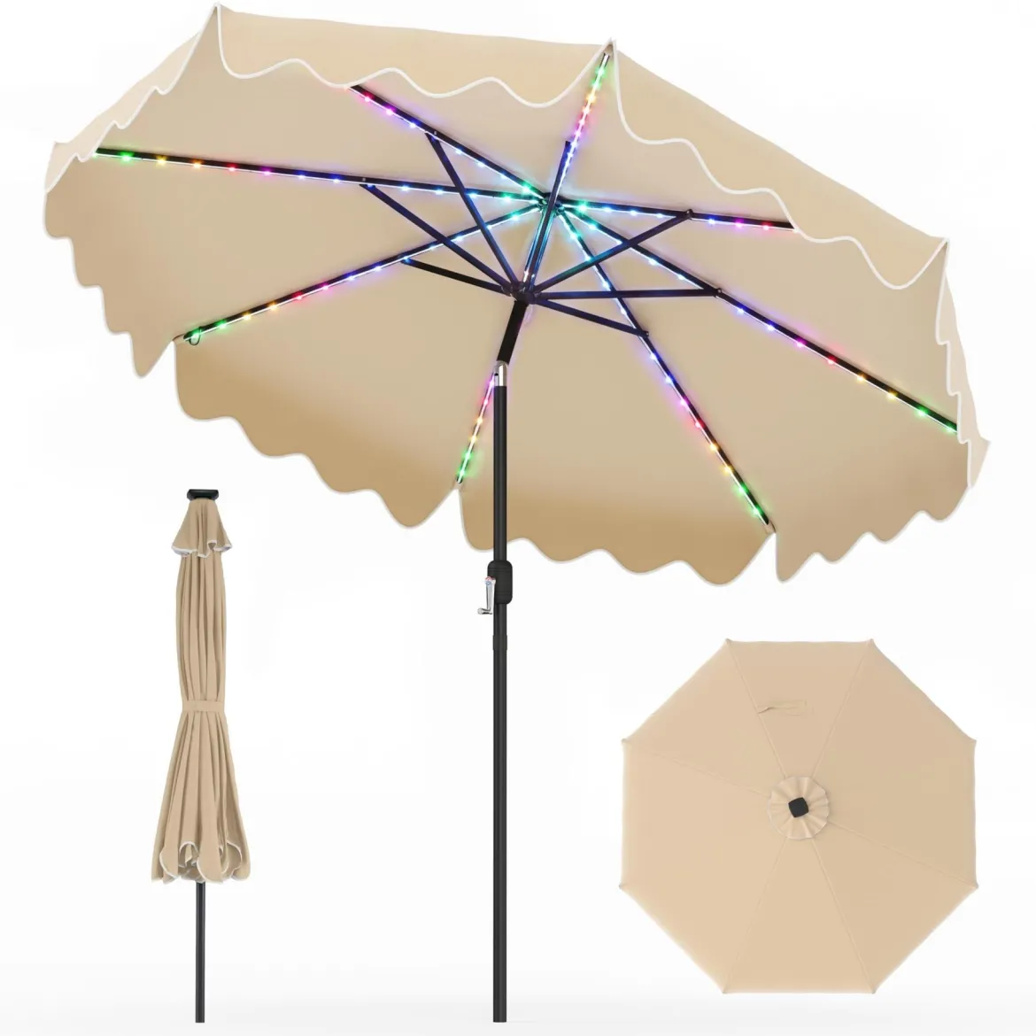 Sonnenschirm 270 cm mit Led-Solar-Beleuchtung Windfester Marktschirm mit 8 Rippen Grau/Beige