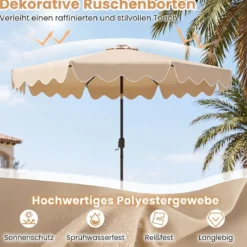 Sonnenschirm 270 cm mit Led-Solar-Beleuchtung Windfester Marktschirm mit 8 Rippen Grau/Beige