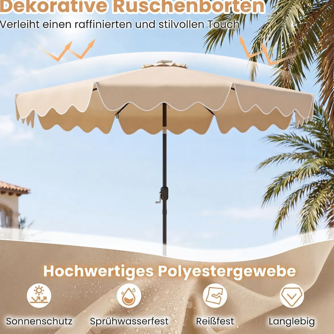 Sonnenschirm 270 cm mit Led-Solar-Beleuchtung Windfester Marktschirm mit 8 Rippen Grau/Beige