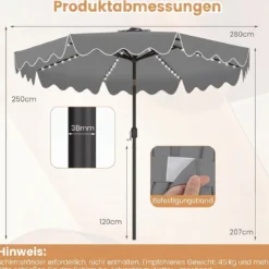 Sonnenschirm 270 cm mit Led-Solar-Beleuchtung Windfester Marktschirm mit 8 Rippen Grau/Beige