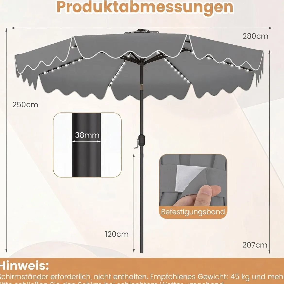 Sonnenschirm 270 cm mit Led-Solar-Beleuchtung Windfester Marktschirm mit 8 Rippen Grau/Beige