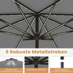 Sonnenschirm 270 cm mit Led-Solar-Beleuchtung Windfester Marktschirm mit 8 Rippen Grau/Beige