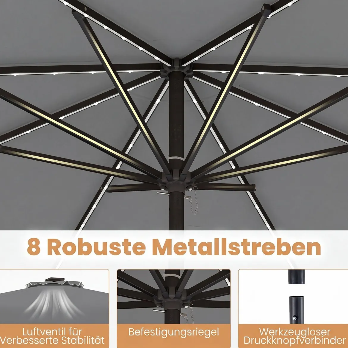Sonnenschirm 270 cm mit Led-Solar-Beleuchtung Windfester Marktschirm mit 8 Rippen Grau/Beige