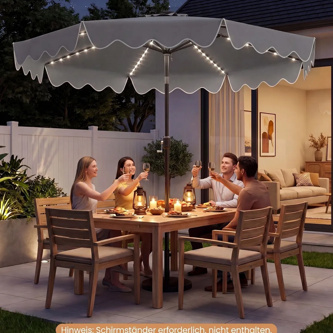 Sonnenschirm 270 cm mit Led-Solar-Beleuchtung Windfester Marktschirm mit 8 Rippen Grau/Beige
