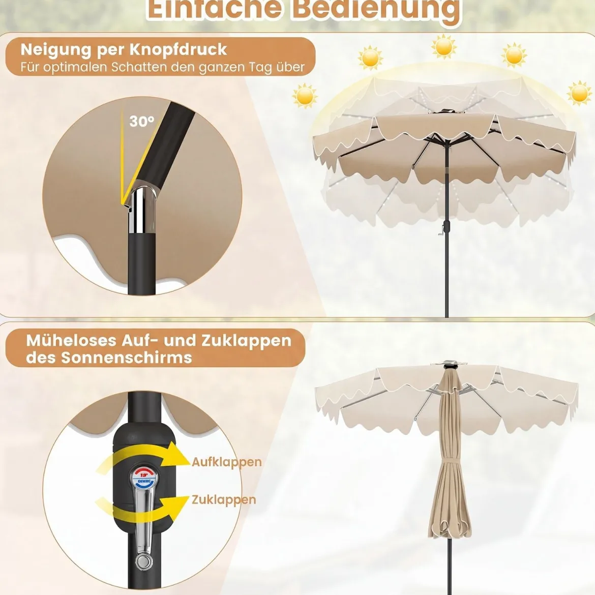Sonnenschirm 270 cm mit Led-Solar-Beleuchtung Windfester Marktschirm mit 8 Rippen Grau/Beige