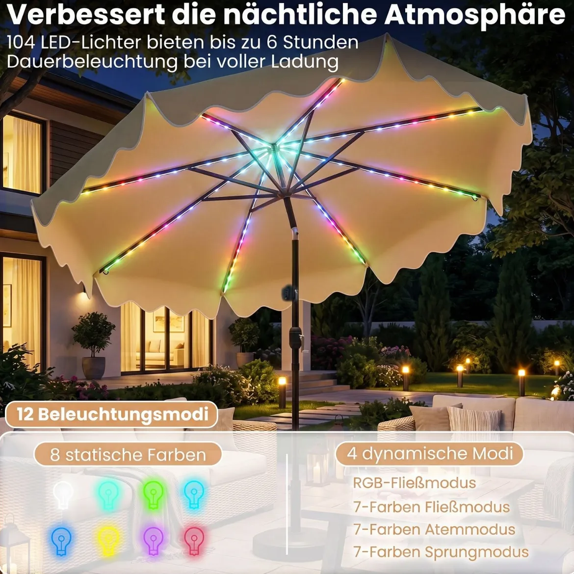 Sonnenschirm 270 cm mit Led-Solar-Beleuchtung Windfester Marktschirm mit 8 Rippen Grau/Beige