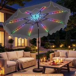 Sonnenschirm 270 cm mit Led-Solar-Beleuchtung Windfester Marktschirm mit 8 Rippen Grau/Beige