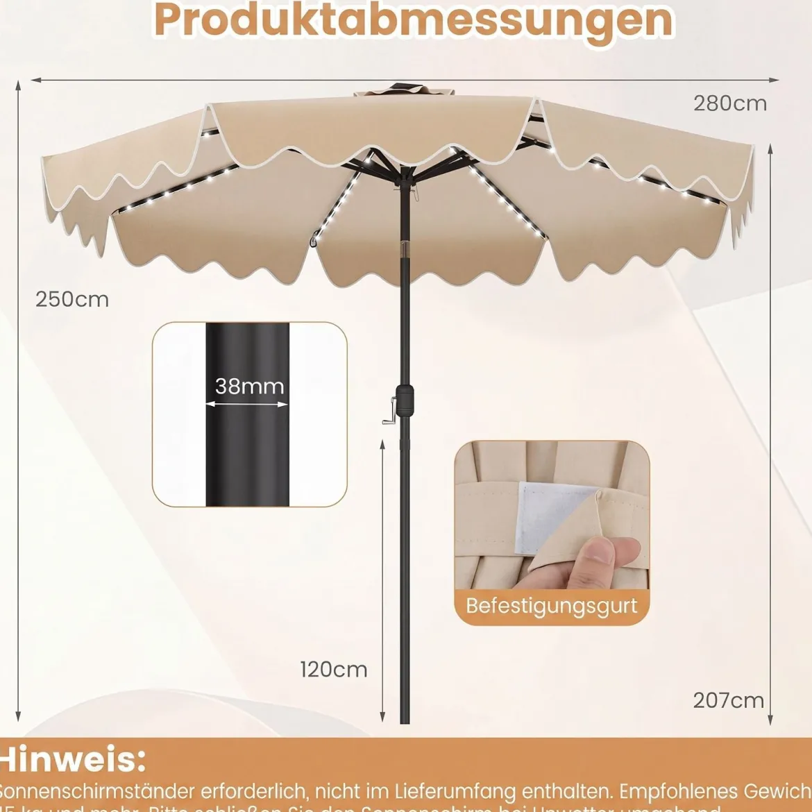 Sonnenschirm 270 cm mit Led-Solar-Beleuchtung Windfester Marktschirm mit 8 Rippen Grau/Beige