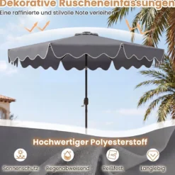 Sonnenschirm 270 cm mit Led-Solar-Beleuchtung Windfester Marktschirm mit 8 Rippen Grau/Beige