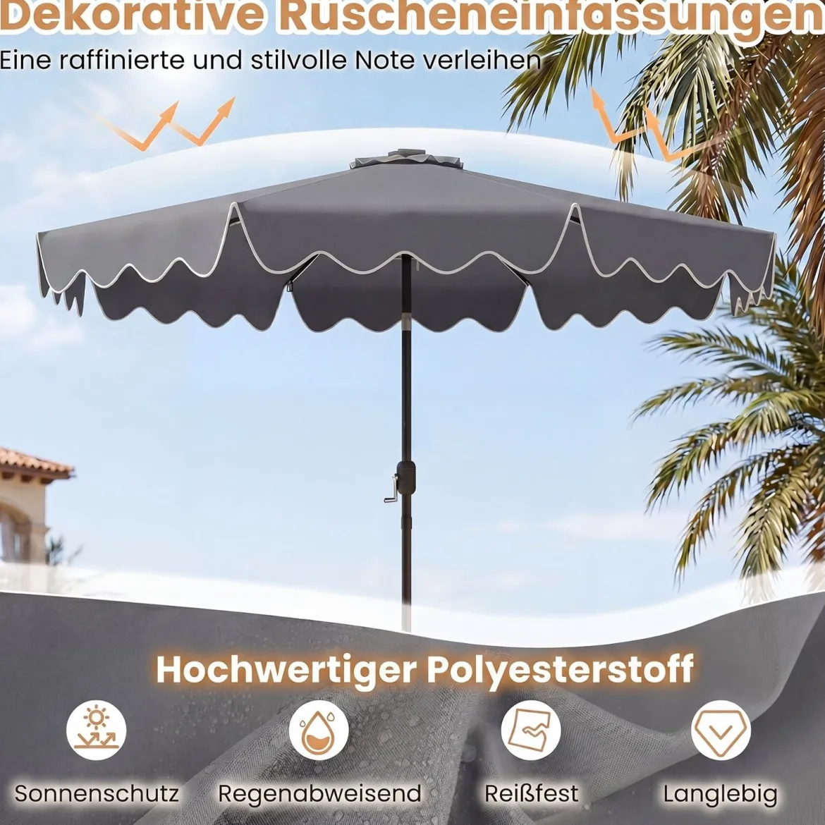 Sonnenschirm 270 cm mit Led-Solar-Beleuchtung Windfester Marktschirm mit 8 Rippen Grau/Beige