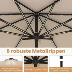 Sonnenschirm 270 cm mit Led-Solar-Beleuchtung Windfester Marktschirm mit 8 Rippen Grau/Beige
