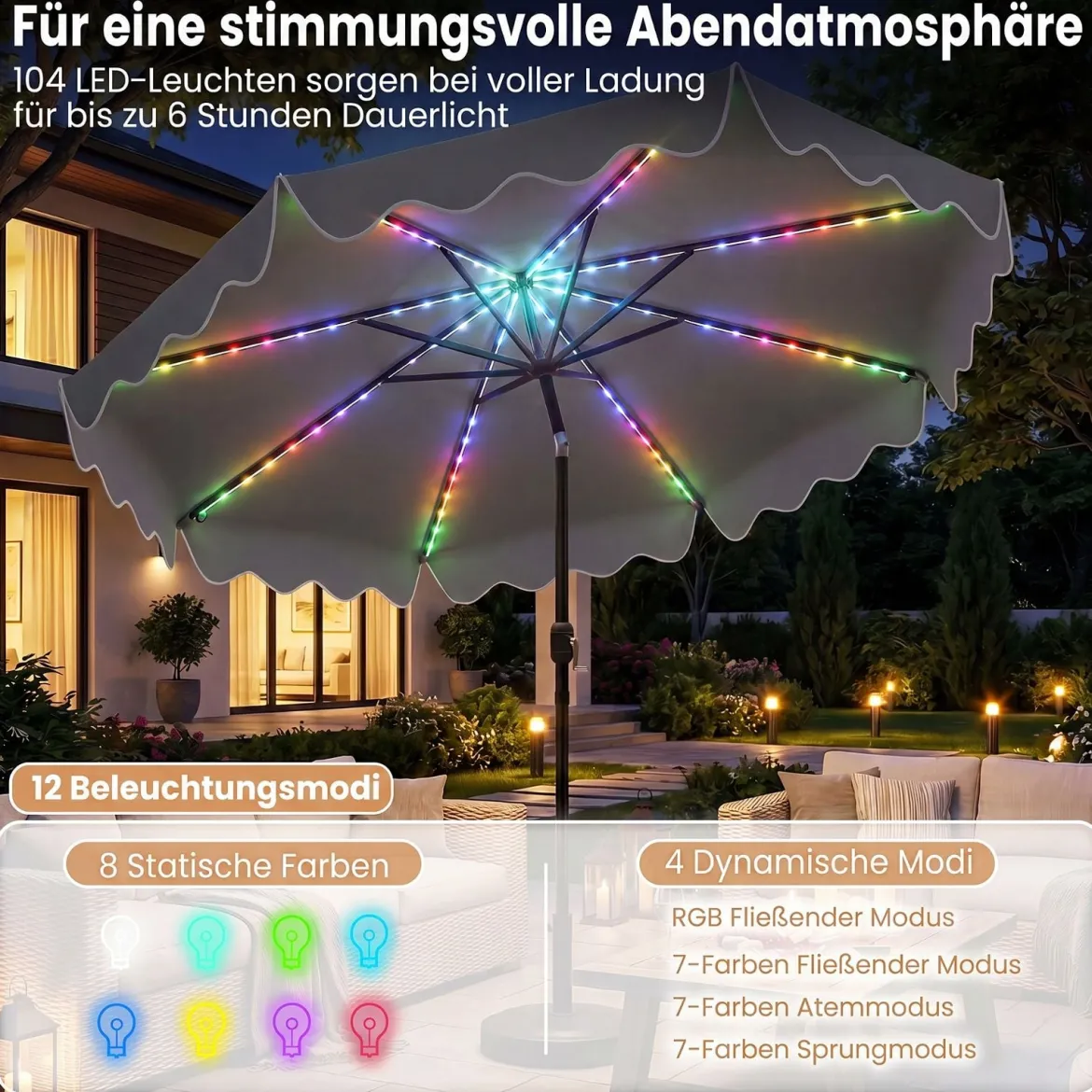 Sonnenschirm 270 cm mit Led-Solar-Beleuchtung Windfester Marktschirm mit 8 Rippen Grau/Beige