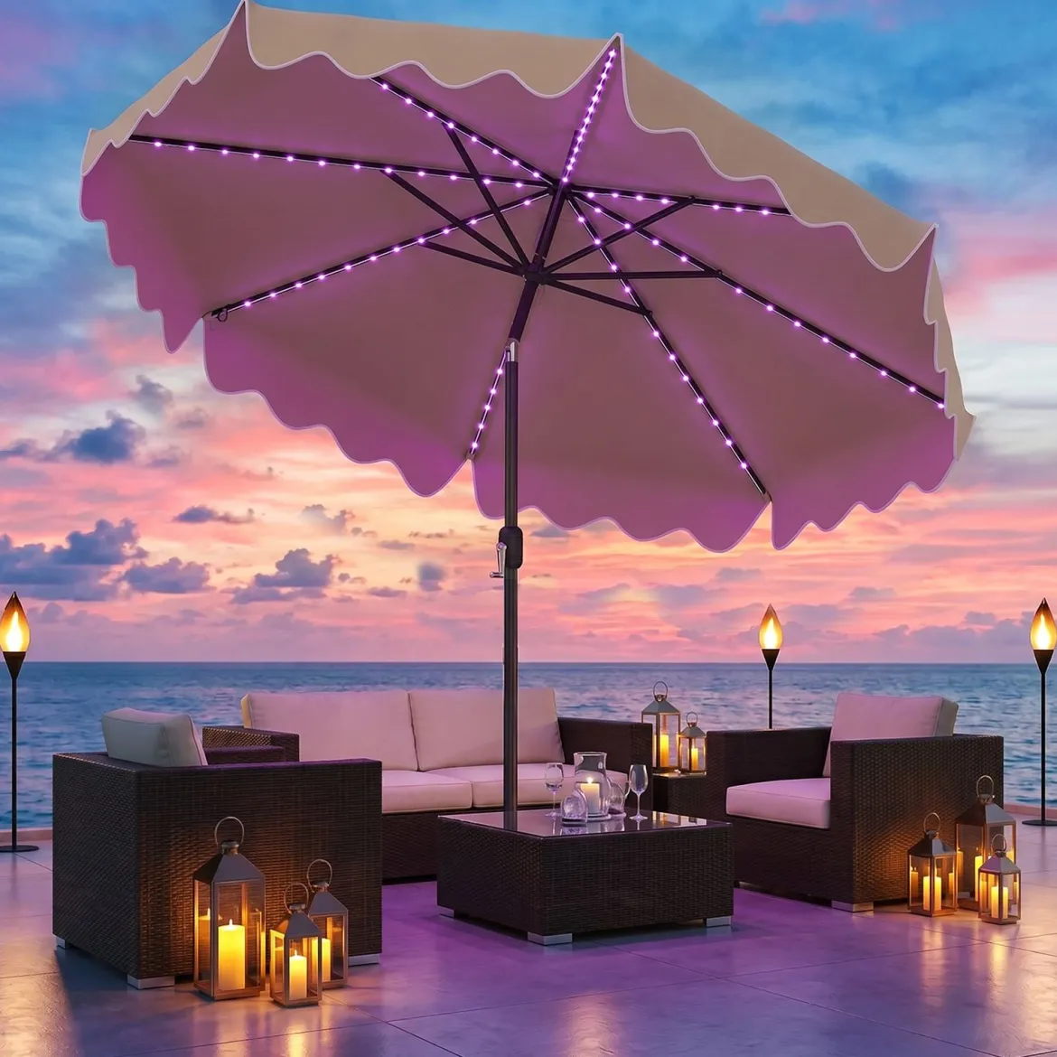 Sonnenschirm 270 cm mit Led-Solar-Beleuchtung Windfester Marktschirm mit 8 Rippen Grau/Beige