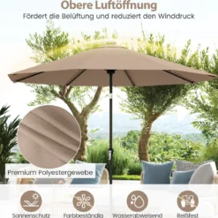 Sonnenschirm 300 cm mit LED-Solar-Beleuchtung 9 Beleuchtungsmodi Gartenschirm mit Kurbel Kaffee