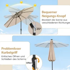 Sonnenschirm 300 cm mit LED-Solar-Beleuchtung 9 Beleuchtungsmodi Gartenschirm mit Kurbel Beige