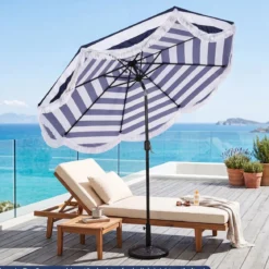 Sonnenschirm Ø 278 cm Strandschirm Neigbar mit Kurbel Balkonschirm mit Fransen Gartenschirm