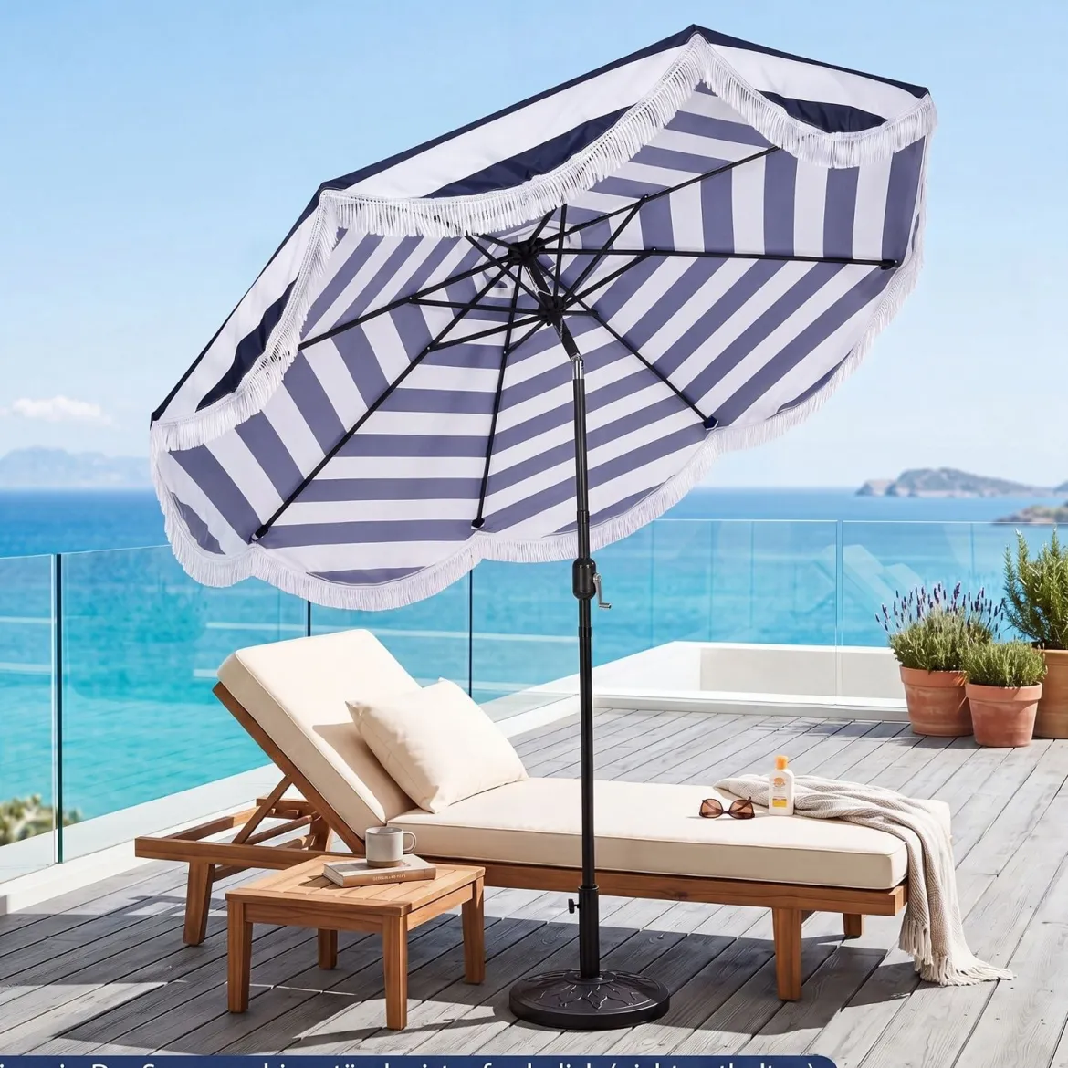Sonnenschirm Ø 278 cm Strandschirm Neigbar mit Kurbel Balkonschirm mit Fransen Gartenschirm