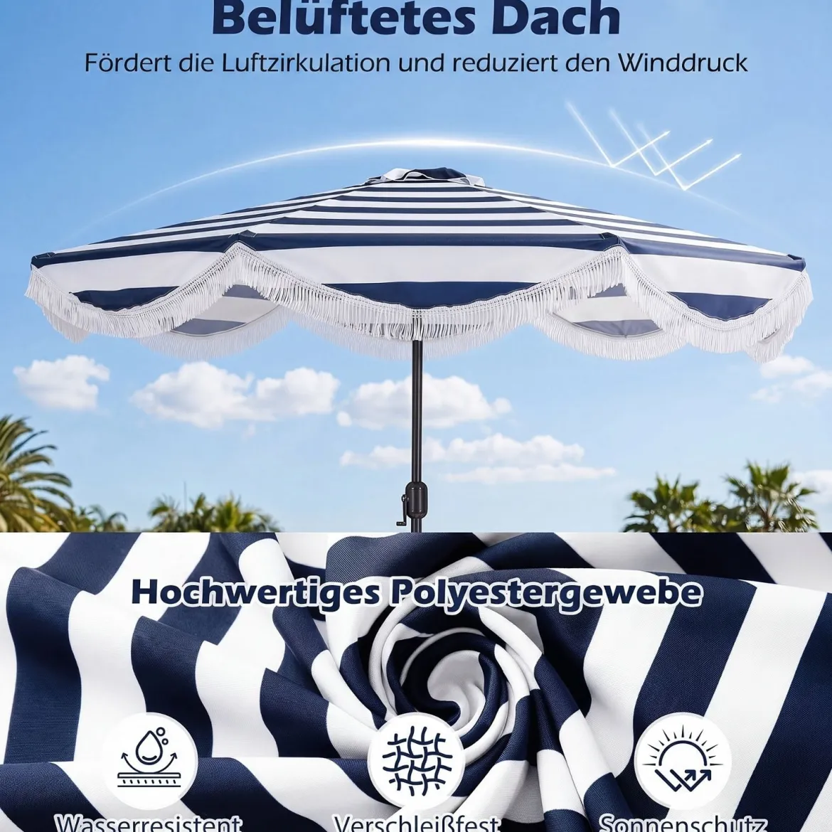 Sonnenschirm Ø 278 cm Strandschirm Neigbar mit Kurbel Balkonschirm mit Fransen Gartenschirm