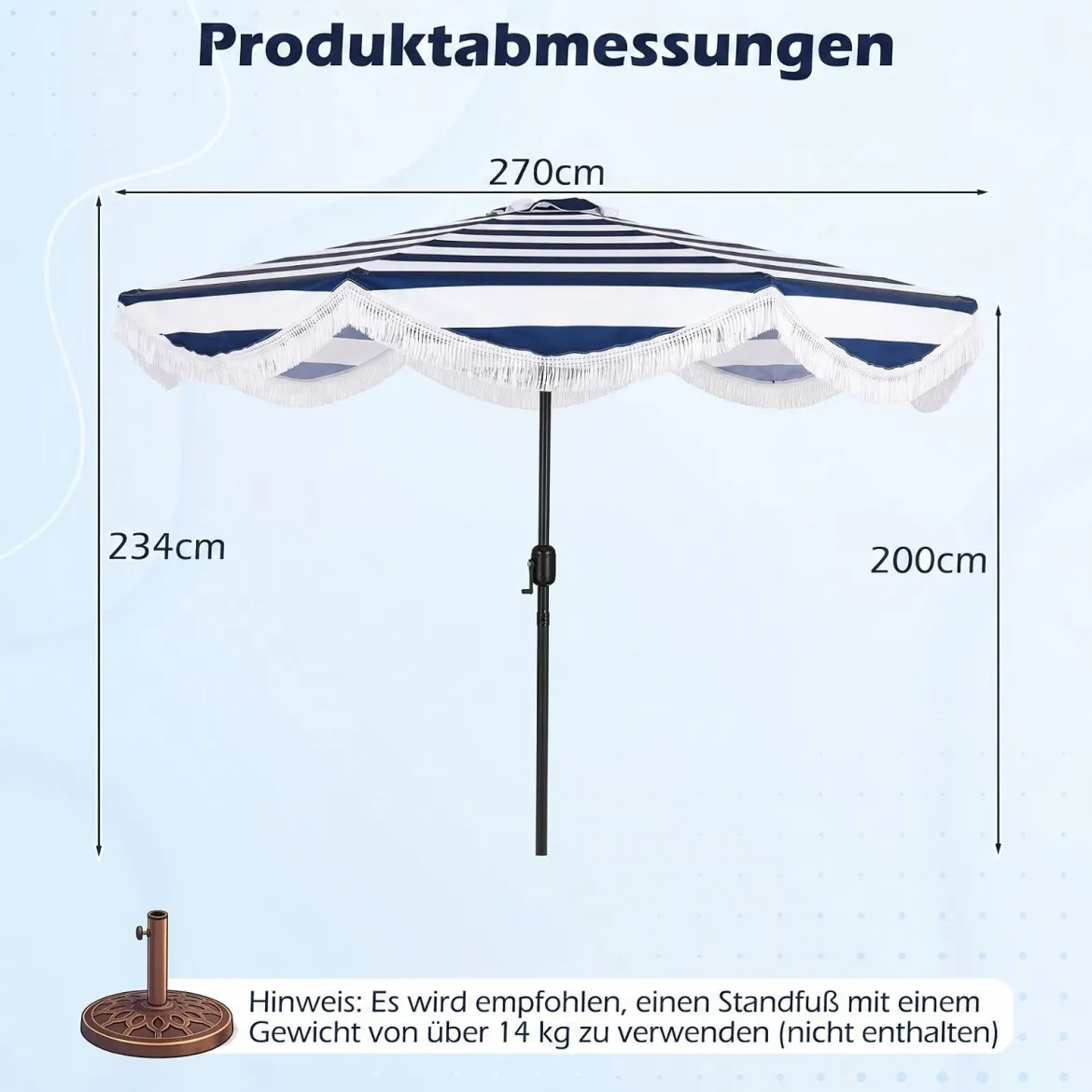 Sonnenschirm Ø 278 cm Strandschirm Neigbar mit Kurbel Balkonschirm mit Fransen Gartenschirm