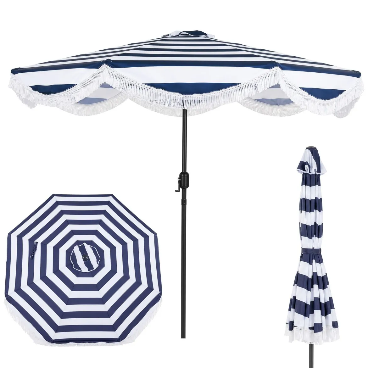 Sonnenschirm Ø 278 cm Strandschirm Neigbar mit Kurbel Balkonschirm mit Fransen Gartenschirm