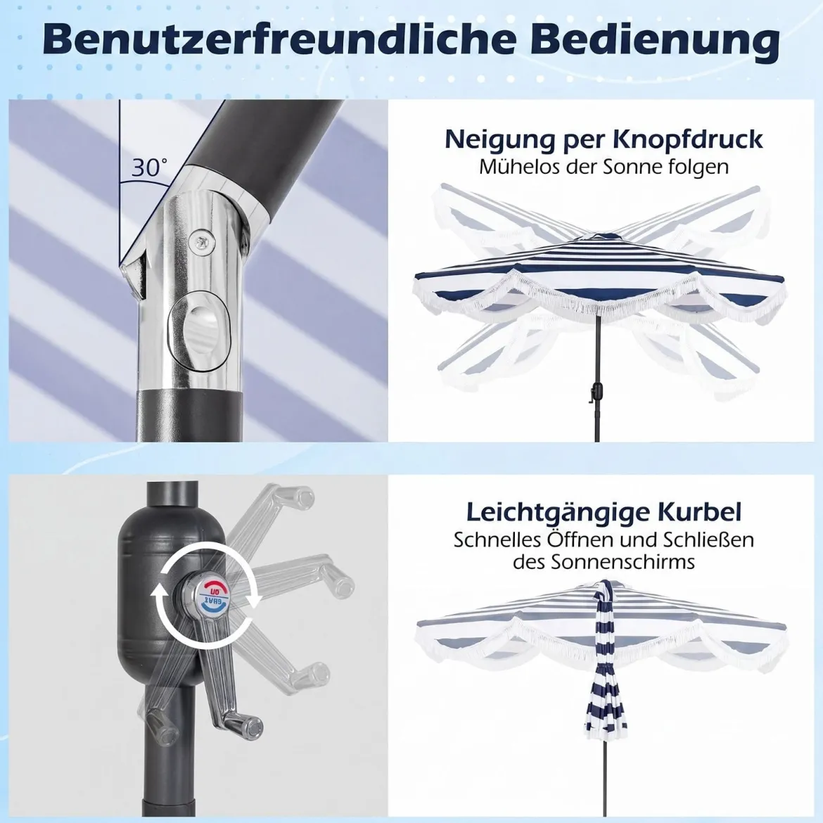 Sonnenschirm Ø 278 cm Strandschirm Neigbar mit Kurbel Balkonschirm mit Fransen Gartenschirm