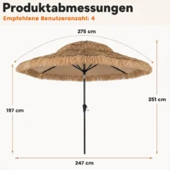 Sonnenschirm Hawaii Ø 275 cm Gartenschirm 30° Neigbar mit Kurbel & 8 Stabile Metallrippen