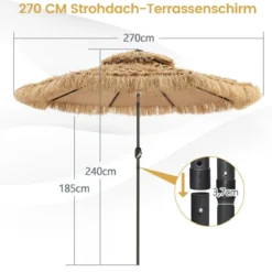 Sonnenschirm Hawaii 270 cm Strohschirm mit LED-Solar-Beleuchtung und Doppeldach Natur