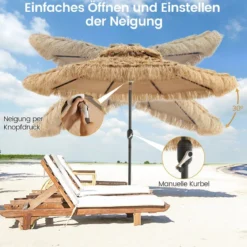 Sonnenschirm Hawaii 270 cm Strohschirm mit LED-Solar-Beleuchtung und Doppeldach Natur