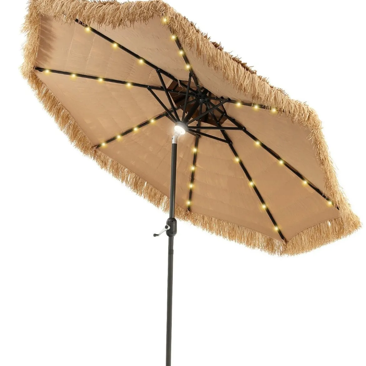 Sonnenschirm Hawaii 270 cm Strohschirm mit LED-Solar-Beleuchtung und Doppeldach Natur