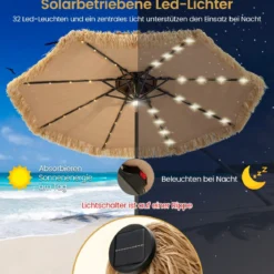 Sonnenschirm Hawaii 270 cm Strohschirm mit LED-Solar-Beleuchtung und Doppeldach Natur