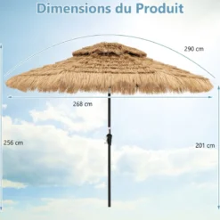 Sonnenschirm Hawaii Gartenschirm Stroh 270 cm + Sonnenschirmständer mit Rollen Befüllbar bis 80kg Set
