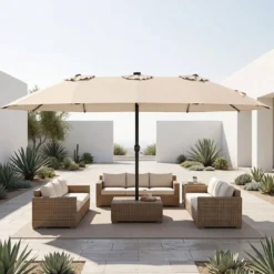 Sonnenschirm 4,5m Doppelseitiger Terrassenschirm mit Farbigen Solarleuchten Kurbelgriff & 12 Lichteffekten