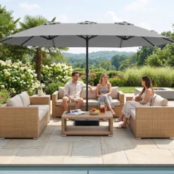 Sonnenschirm 4,5m Doppelseitiger Terrassenschirm mit Farbigen Solarleuchten Kurbelgriff & 12 Lichteffekten