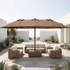 Sonnenschirm 4,5m Doppelseitiger Terrassenschirm mit Farbigen Solarleuchten Kurbelgriff & 12 Lichteffekten