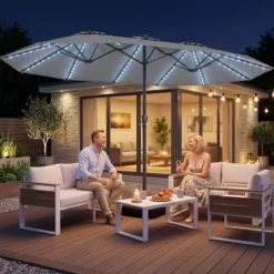 Sonnenschirm 4,5m Doppelseitiger Terrassenschirm mit Farbigen Solarleuchten Kurbelgriff & 12 Lichteffekten