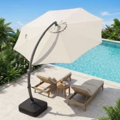 Sonnenschirm mit Schirmständer Freitragender Ampelschirm mit Kurbel & 360° Drehbarer Basis Beige