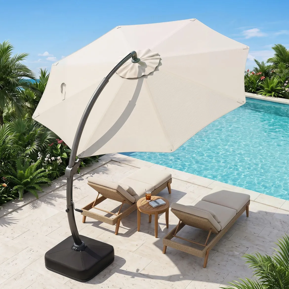 Sonnenschirm mit Schirmständer Freitragender Ampelschirm mit Kurbel & 360° Drehbarer Basis Beige