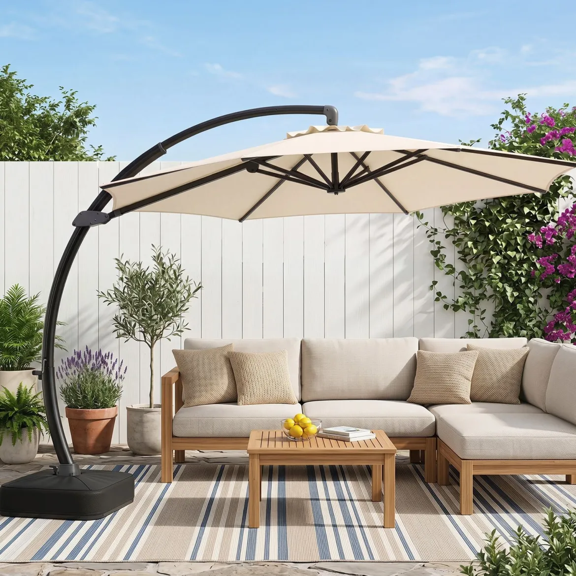 Sonnenschirm mit Schirmständer Freitragender Ampelschirm mit Kurbel & 360° Drehbarer Basis Beige