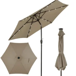 Sonnenschirm mit Solar- LED-Beleuchtung Ampelschirm Gartenschirm Kurbelschirm 2,7M