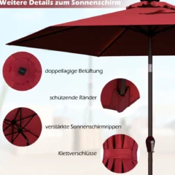 Sonnenschirm mit Solar- LED-Beleuchtung Ampelschirm Gartenschirm Kurbelschirm 2,7M