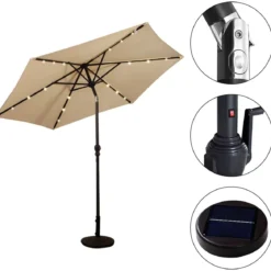 Sonnenschirm mit Solar- LED-Beleuchtung Ampelschirm Gartenschirm Kurbelschirm 2,7M