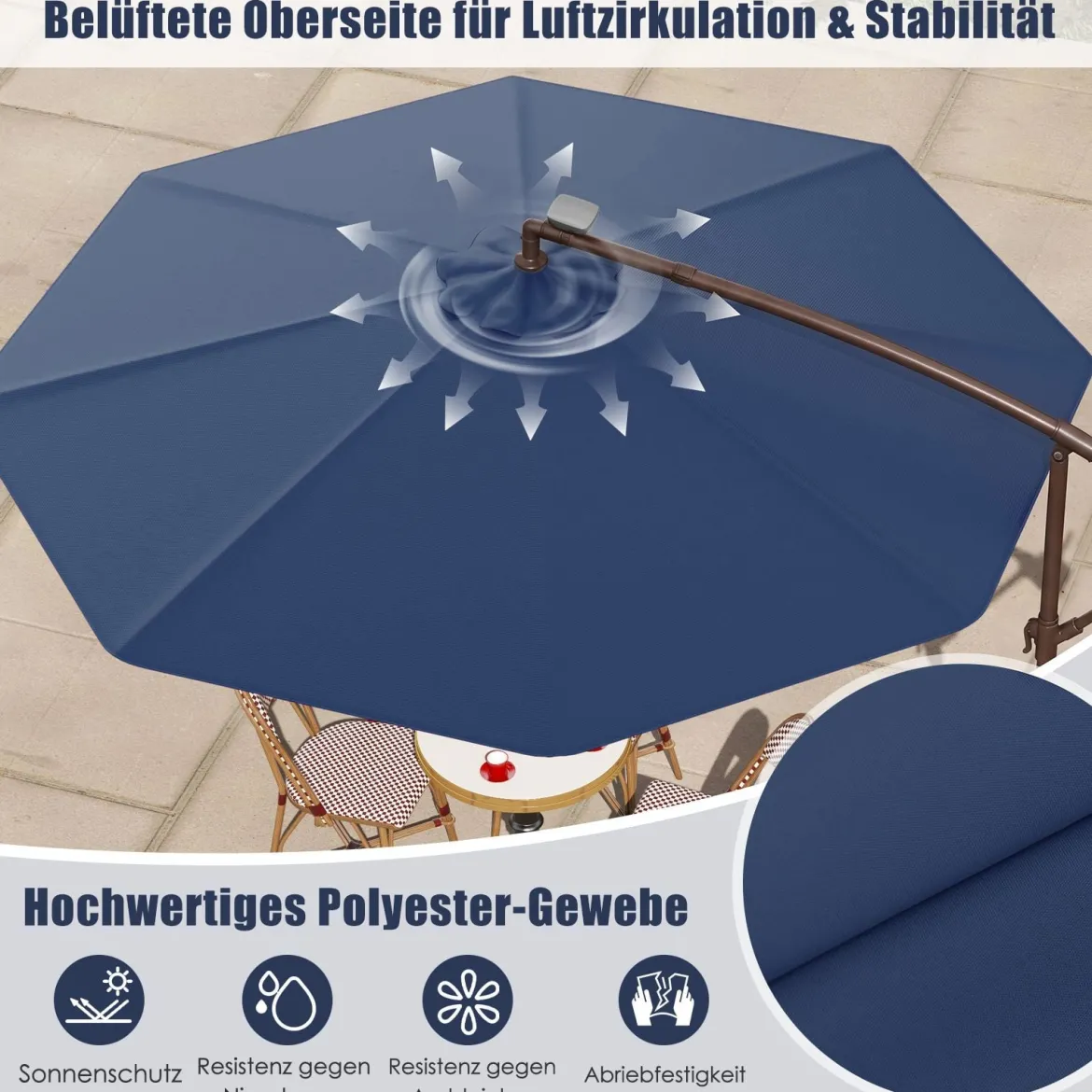 Sonnenschirm mit 40 Solar-LED-Leuchten & Kurbel Ampelschirm Gartenschirm Marktschirm